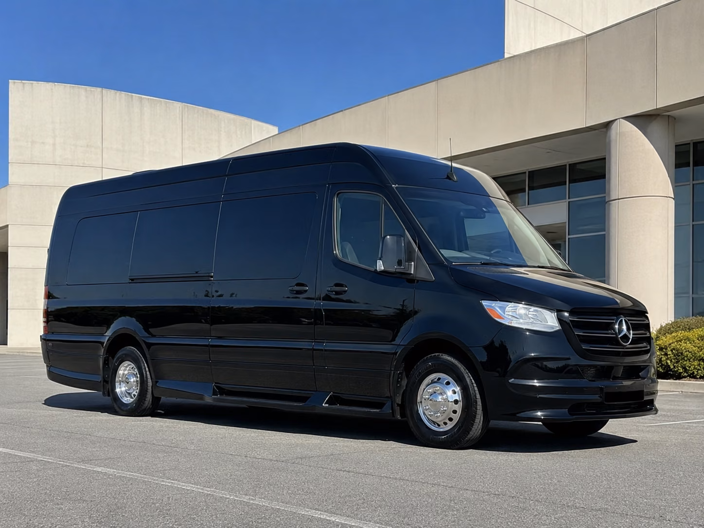 group beside a mercedes sprinter limo in glendale